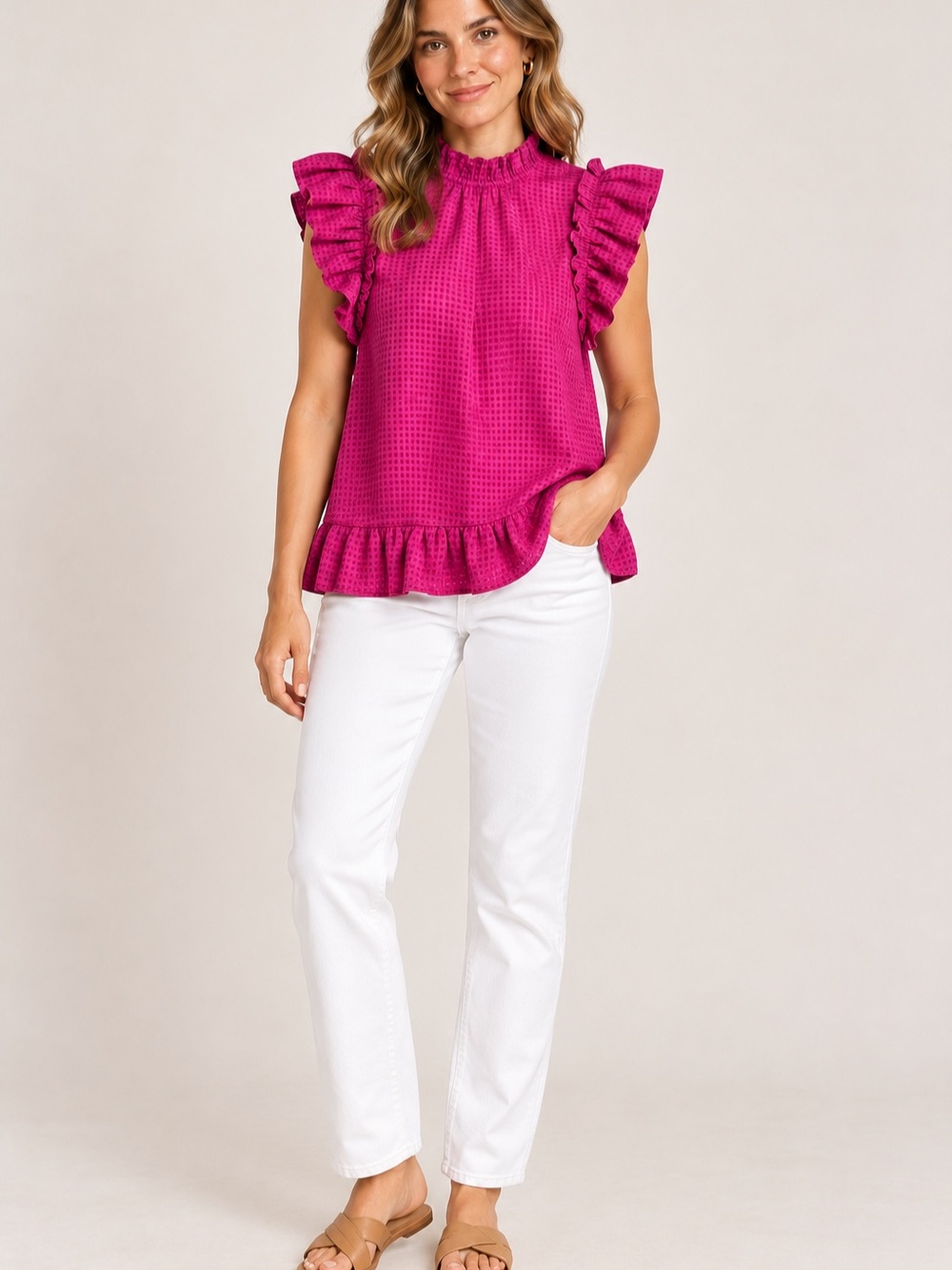 Moodie Magenta Ruffle Open-Back blouse — Small